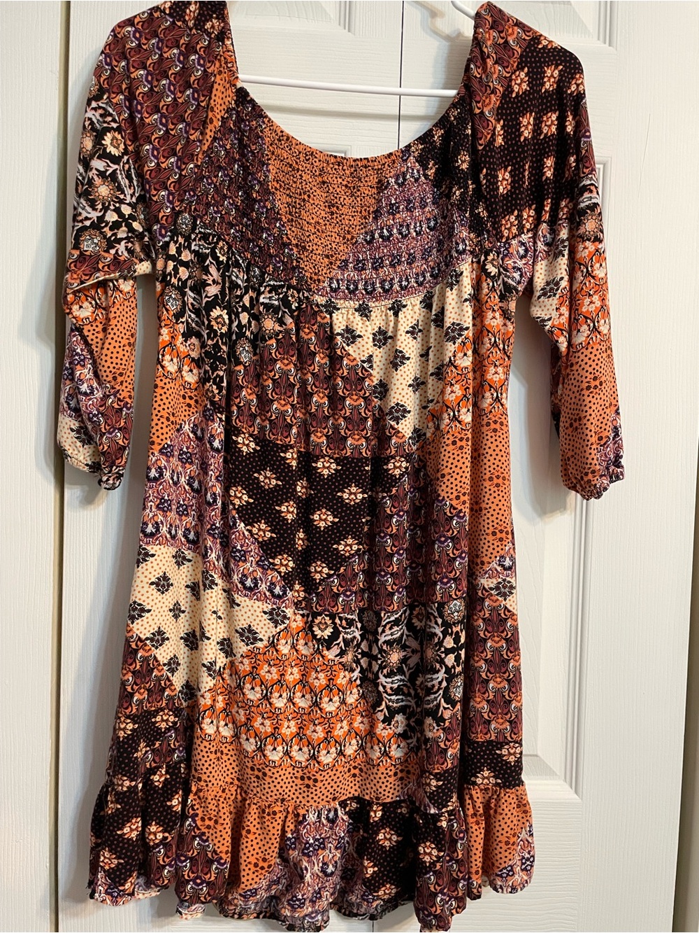 Band of Gypsies Orange, Brown & Cream Patchwork Mini Dress